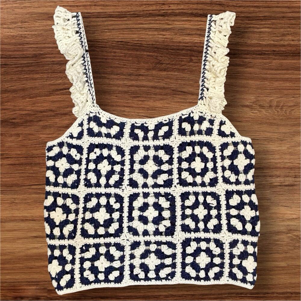 Lulus Crochet Knit Crop Top Blue Ivory Granny Square Boho Festival S NWT